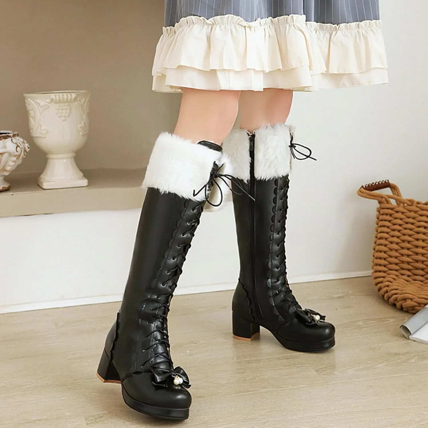 Snow Long Boots, Knee-High Boots Round-Toed, Thick Low-Heeled, Side Zipper, Front Lace-Up, Warm Women's Boots Large-Size Boots Decorated with Bow Laces