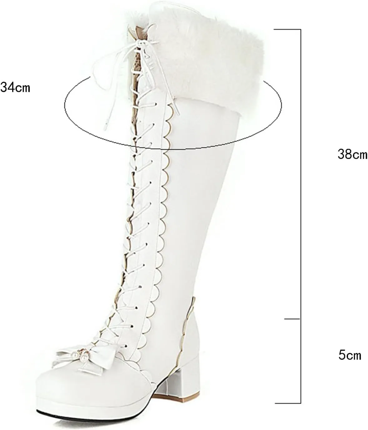 Snow Long Boots, Knee-High Boots Round-Toed, Thick Low-Heeled, Side Zipper, Front Lace-Up, Warm Women's Boots Large-Size Boots Decorated with Bow Laces