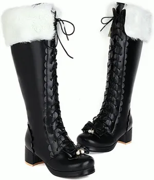 Snow Long Boots, Knee-High Boots Round-Toed, Thick Low-Heeled, Side Zipper, Front Lace-Up, Warm Women's Boots Large-Size Boots Decorated with Bow Laces