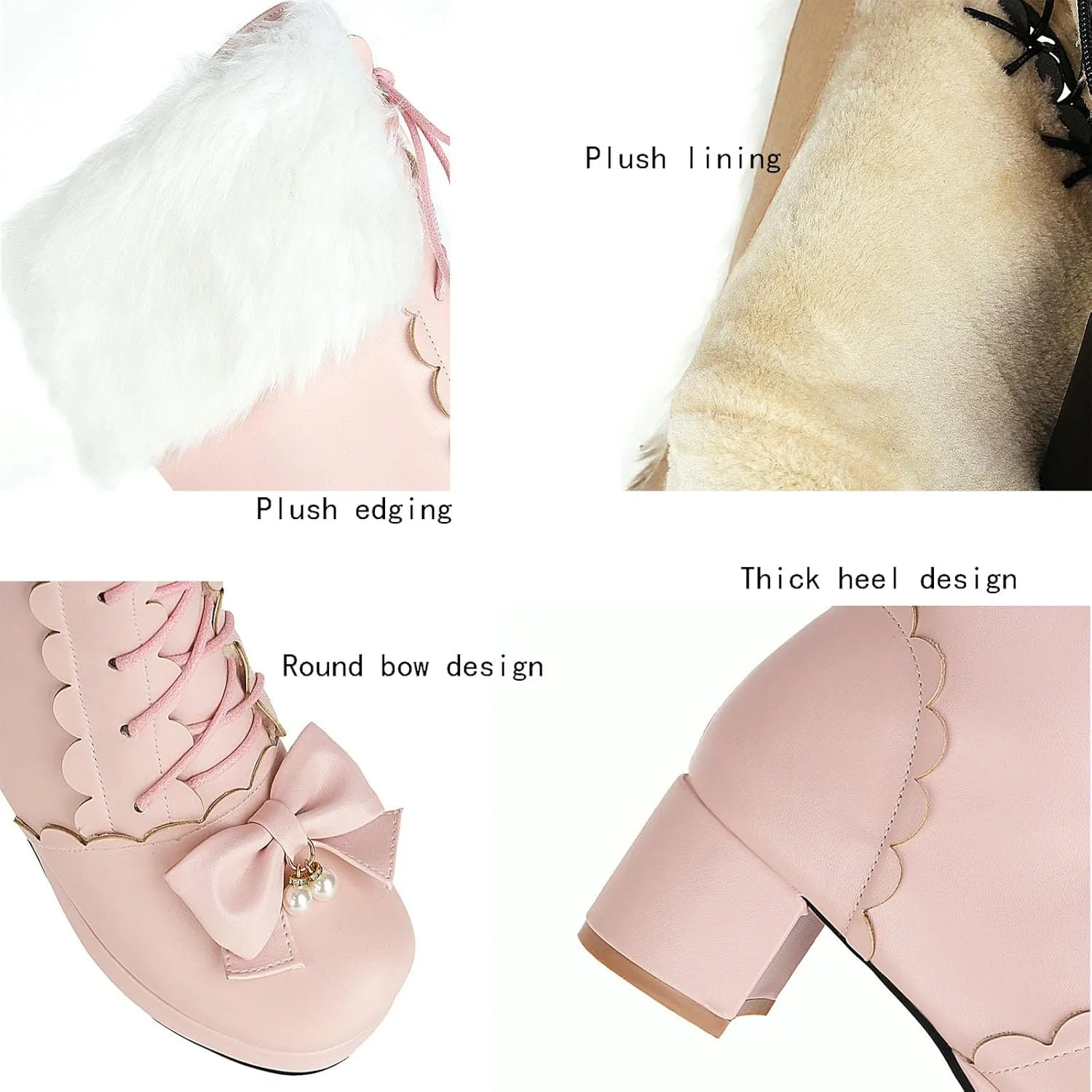 Snow Long Boots, Knee-High Boots Round-Toed, Thick Low-Heeled, Side Zipper, Front Lace-Up, Warm Women's Boots Large-Size Boots Decorated with Bow Laces