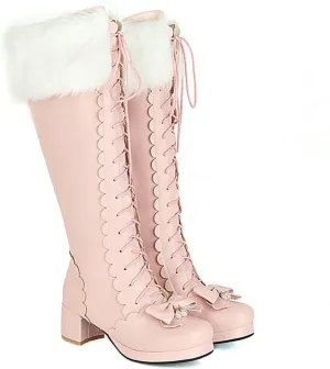 Snow Long Boots, Knee-High Boots Round-Toed, Thick Low-Heeled, Side Zipper, Front Lace-Up, Warm Women's Boots Large-Size Boots Decorated with Bow Laces