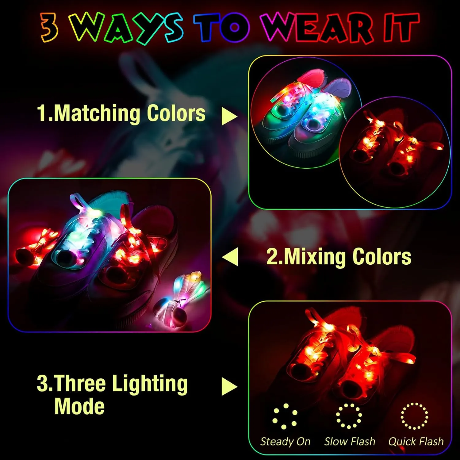 Syhood 2 Pairs 4 Pieces LED Light up Shoelaces in 3 Modes Flashing Shoestrings for Night Party, Running