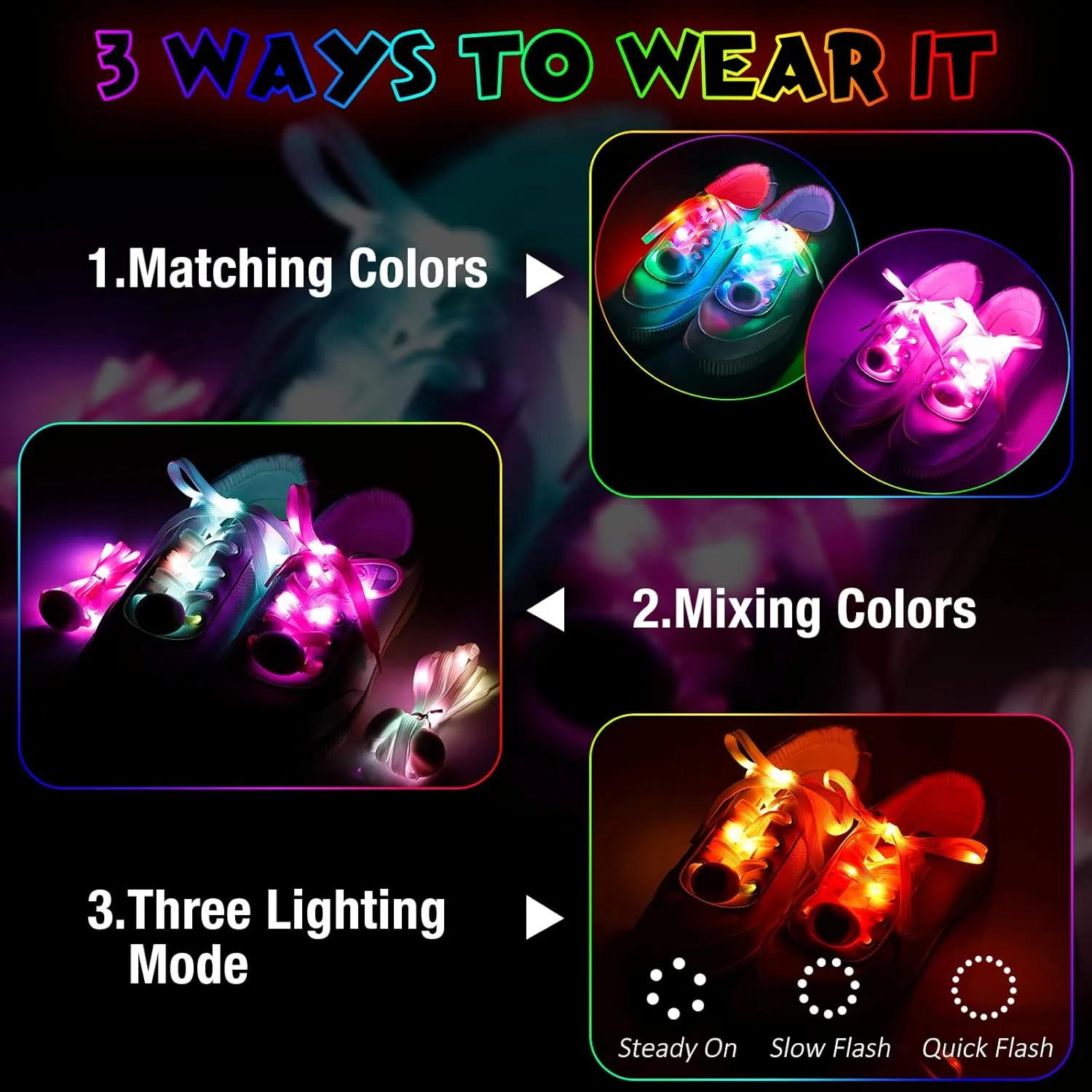 Syhood 2 Pairs 4 Pieces LED Light up Shoelaces in 3 Modes Flashing Shoestrings for Night Party, Running