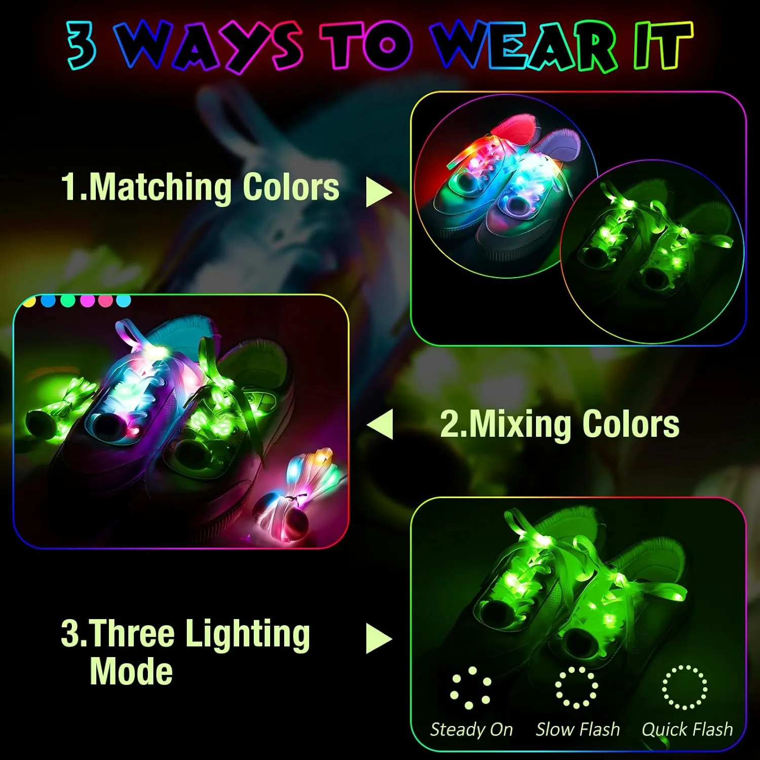 Syhood 2 Pairs 4 Pieces LED Light up Shoelaces in 3 Modes Flashing Shoestrings for Night Party, Running