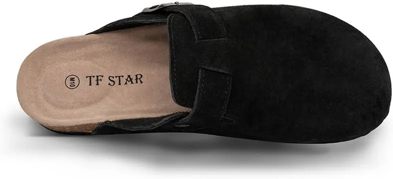 TF STAR Unisex Soft Footbed Clog Cow Suede Leather Clogs, Cork Clogs Shoes for Women Men Tan