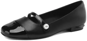 TinaCus Women's Genuine Leather Handmade Cap-Toe Decorated Pearl Buckle Mary Jane Flats Shoes