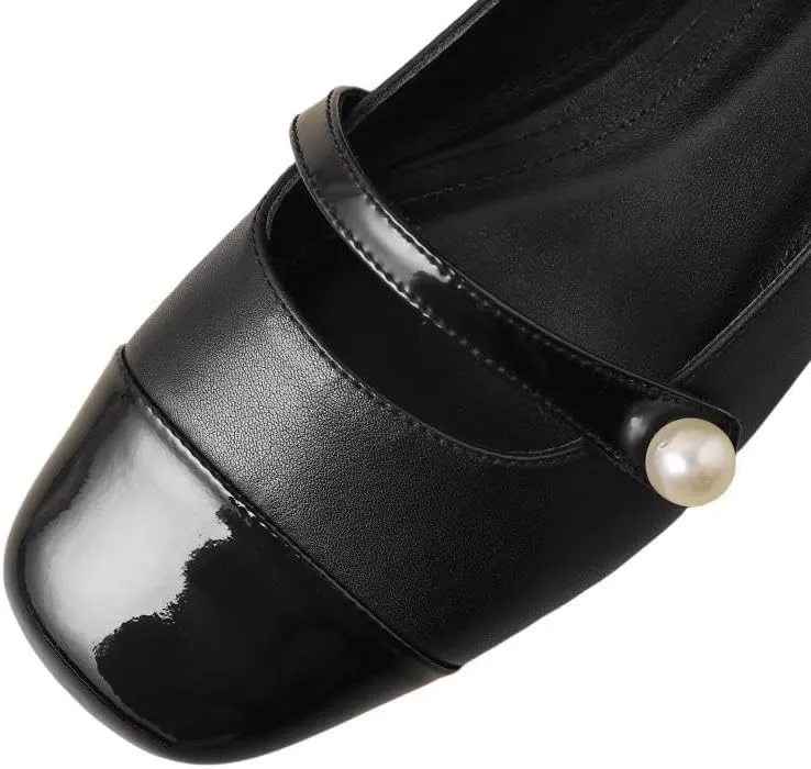 TinaCus Women's Genuine Leather Handmade Cap-Toe Decorated Pearl Buckle Mary Jane Flats Shoes