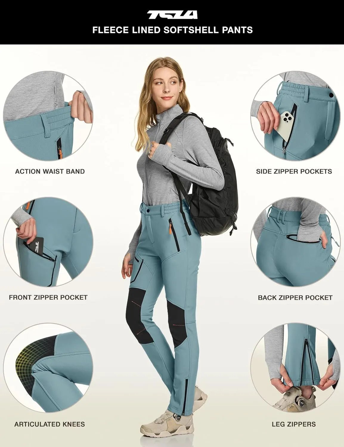 TSLA Women's Softshell Winter Snow Ski Pants, Fleece Lined Waterproof Hiking Pants, Insulated Work Outdoor Pants