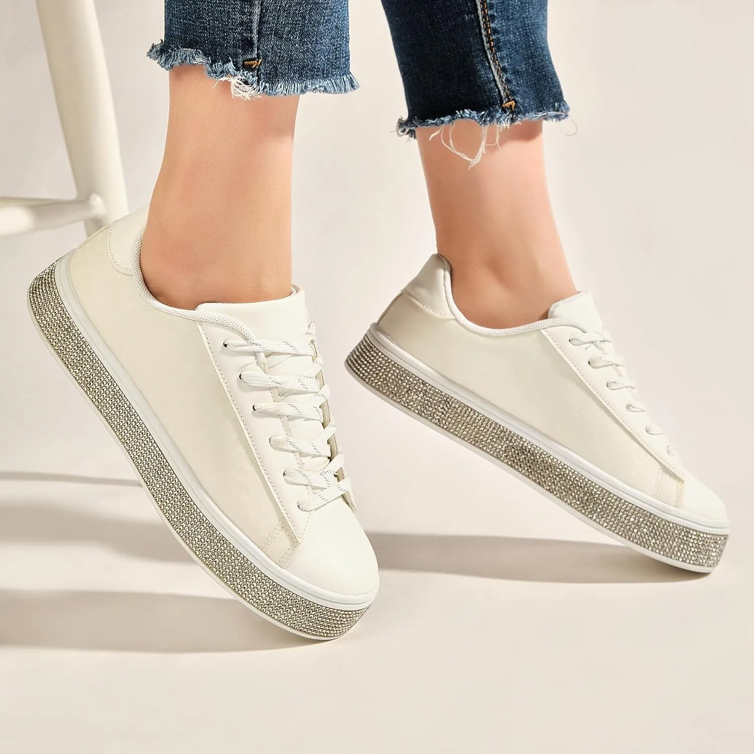 UUBARIS Women's Glitter Tennis Sneakers Neon Dressy Sparkly Sneakers Rhinestone Bling Wedding Bridal Shoes Shiny Sequin Shoes