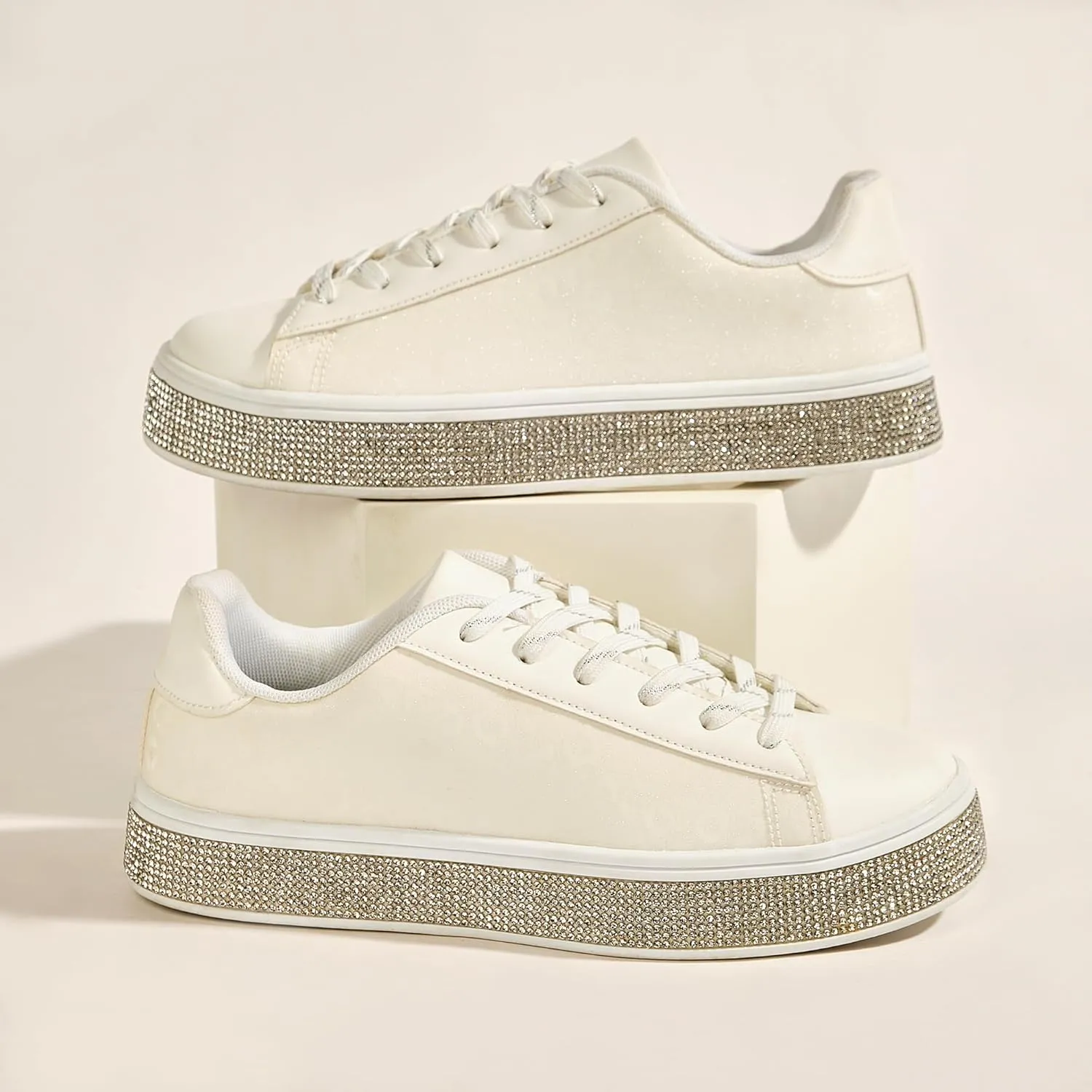 UUBARIS Women's Glitter Tennis Sneakers Neon Dressy Sparkly Sneakers Rhinestone Bling Wedding Bridal Shoes Shiny Sequin Shoes