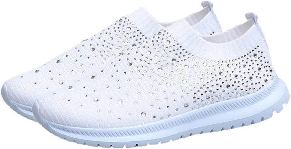 VALICLUD Rhinestone Decorated Women's Walking Shoes Mesh Sock Sneakers Breathable Sports Shoes White