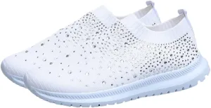 VALICLUD Rhinestone Decorated Women's Walking Shoes Mesh Sock Sneakers Breathable Sports Shoes White