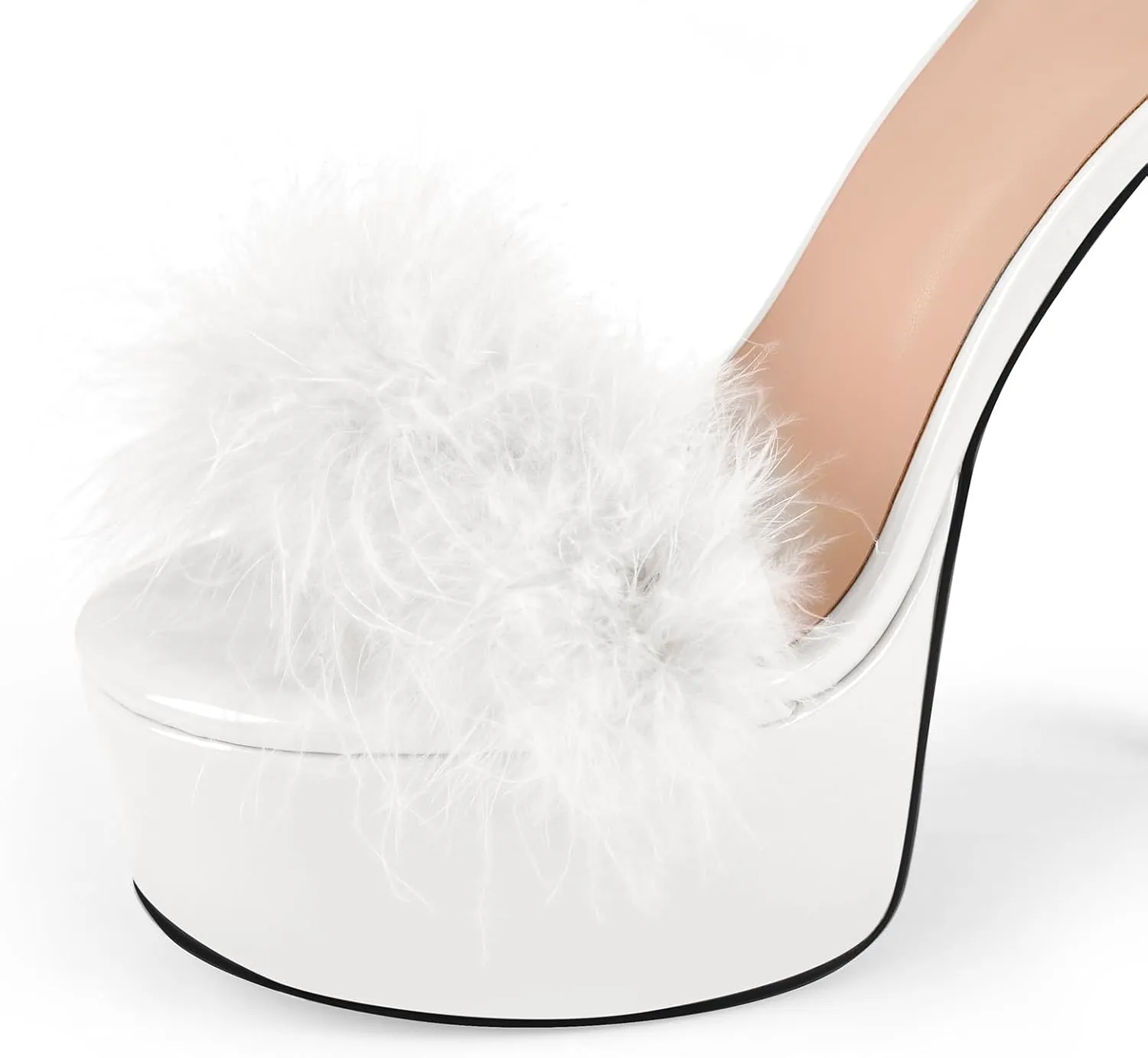 VERISSON Women's Open Toe Fluffy Furry Single Band Buckle Strappy Platform Sandals Rivets Studded Stiletto High Heels Pump Sandals for Dressing Party Wearing