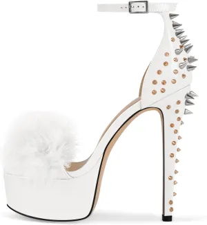 VERISSON Women's Open Toe Fluffy Furry Single Band Buckle Strappy Platform Sandals Rivets Studded Stiletto High Heels Pump Sandals for Dressing Party Wearing