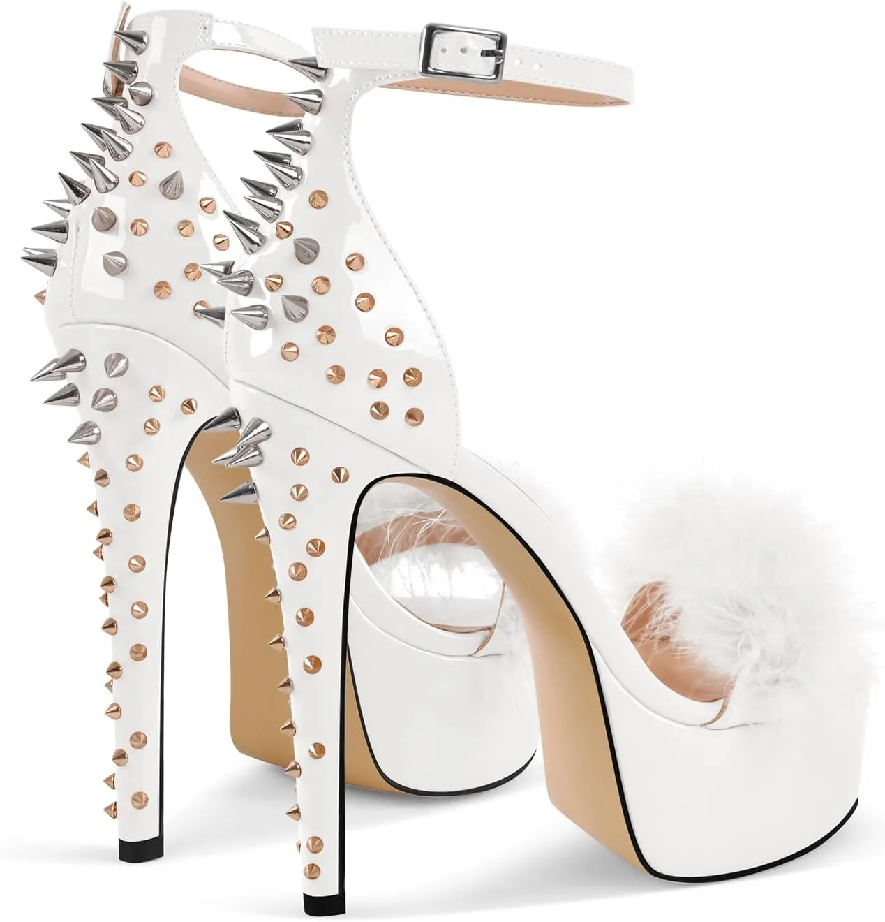 VERISSON Women's Open Toe Fluffy Furry Single Band Buckle Strappy Platform Sandals Rivets Studded Stiletto High Heels Pump Sandals for Dressing Party Wearing