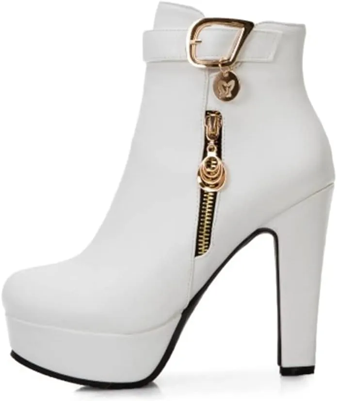 Viuluti Fashion Women's High Heels Ankle Boots Sexy Buckle Soft Leather Zipper Rubber Platform Ankle Booties