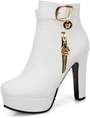 Viuluti Fashion Women's High Heels Ankle Boots Sexy Buckle Soft Leather Zipper Rubber Platform Ankle Booties