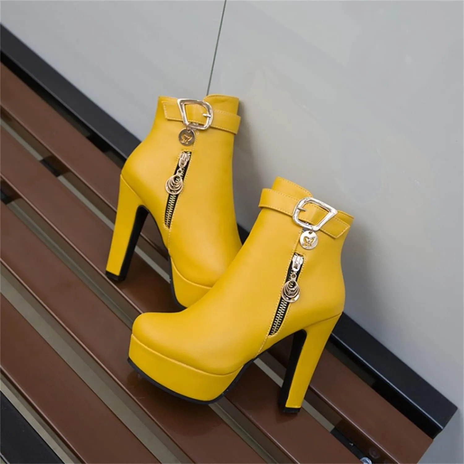 Viuluti Fashion Women's High Heels Ankle Boots Sexy Buckle Soft Leather Zipper Rubber Platform Ankle Booties