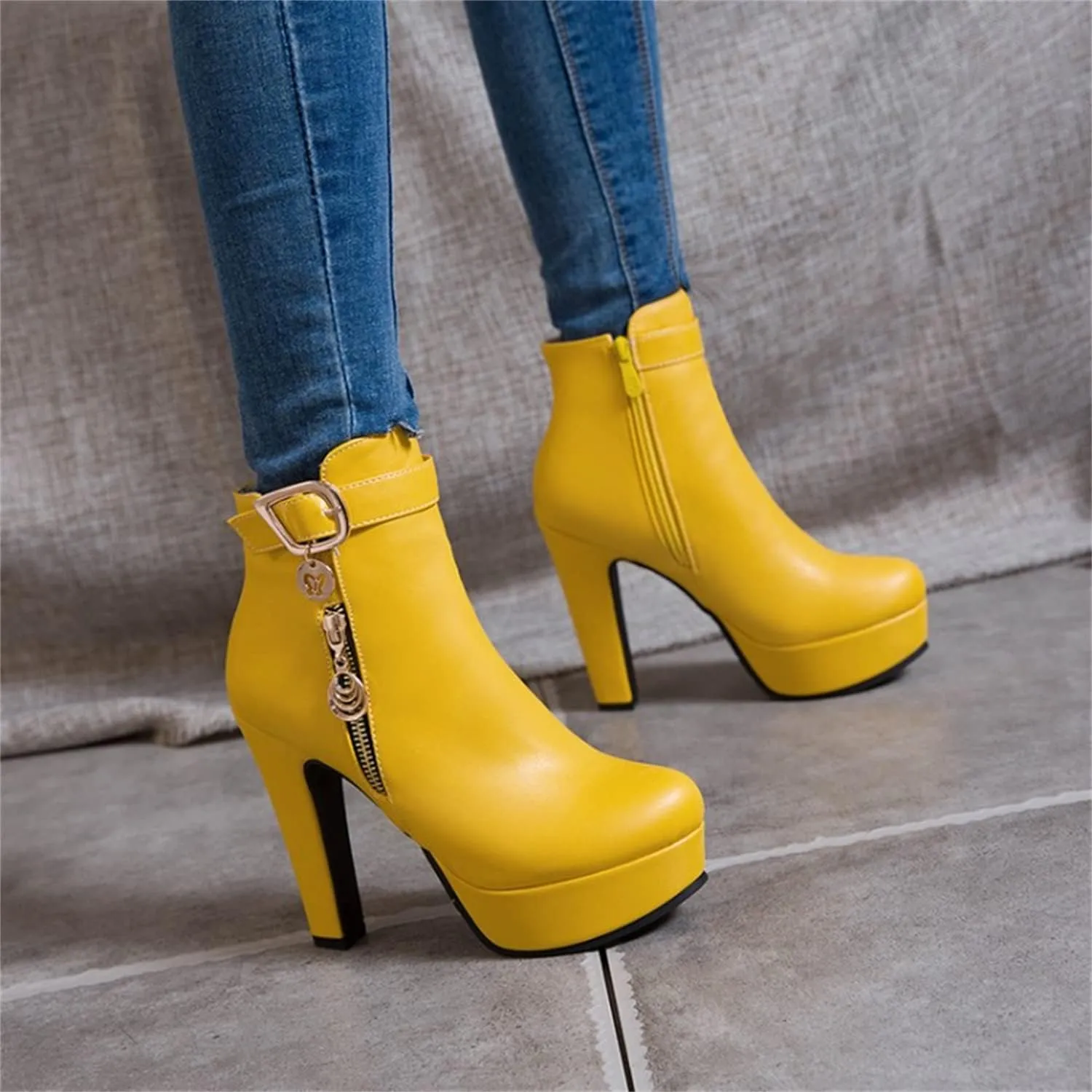 Viuluti Fashion Women's High Heels Ankle Boots Sexy Buckle Soft Leather Zipper Rubber Platform Ankle Booties
