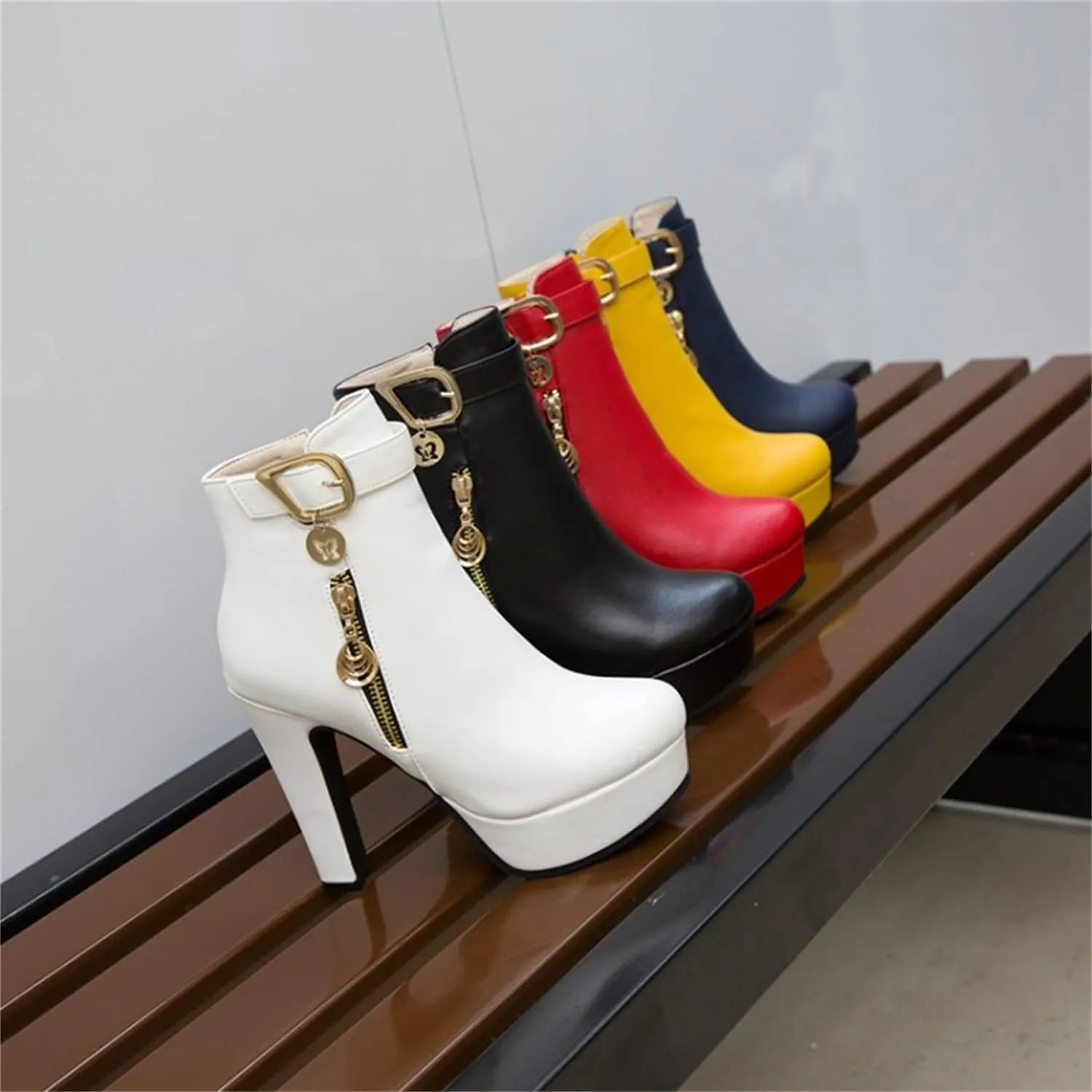Viuluti Fashion Women's High Heels Ankle Boots Sexy Buckle Soft Leather Zipper Rubber Platform Ankle Booties