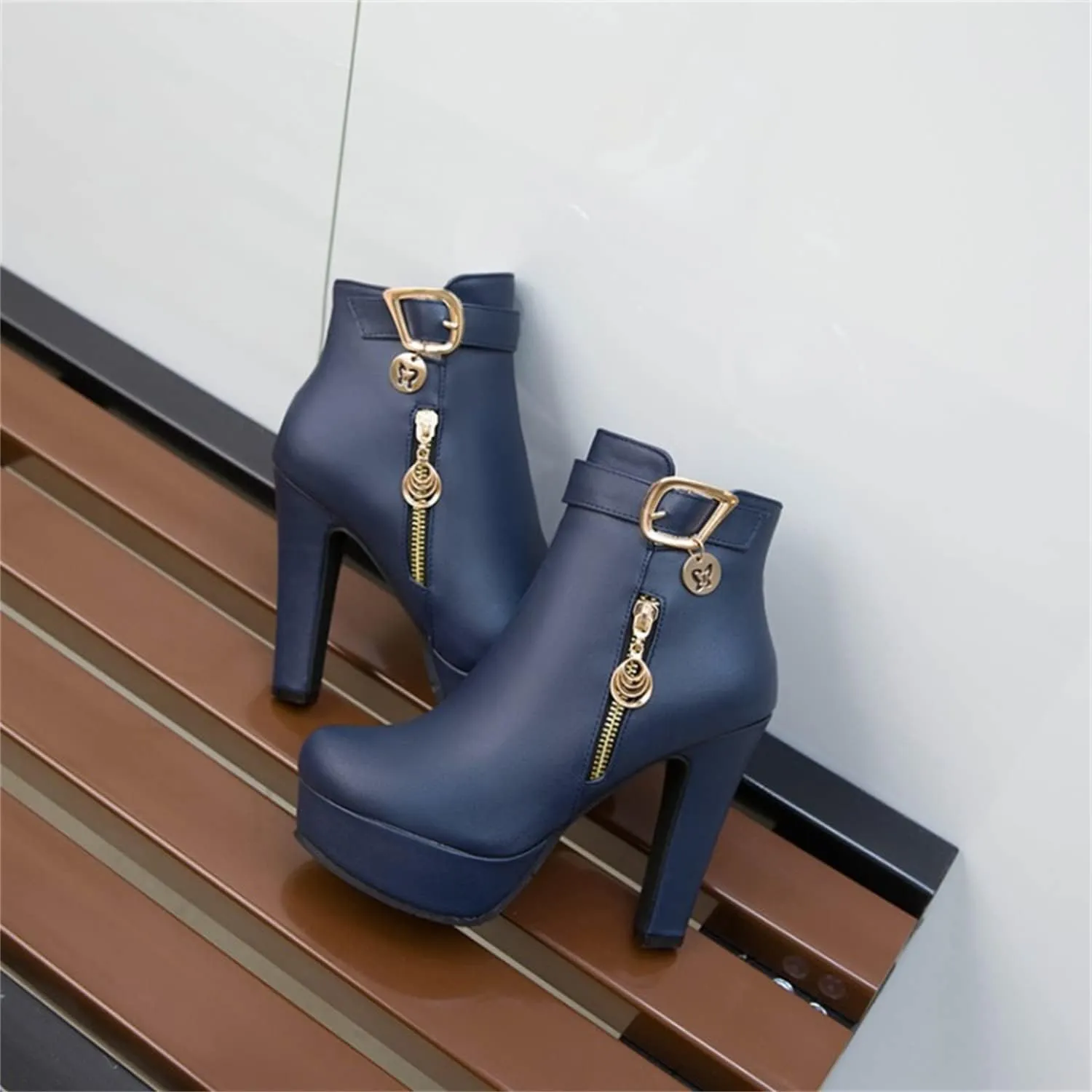 Viuluti Fashion Women's High Heels Ankle Boots Sexy Buckle Soft Leather Zipper Rubber Platform Ankle Booties