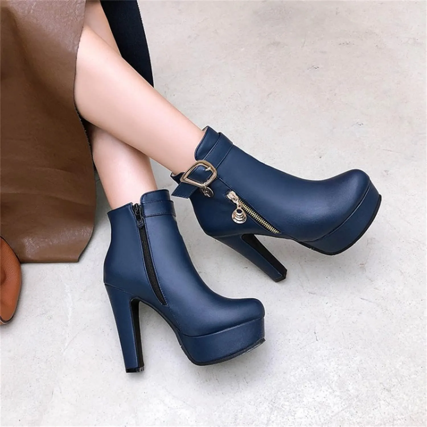 Viuluti Fashion Women's High Heels Ankle Boots Sexy Buckle Soft Leather Zipper Rubber Platform Ankle Booties