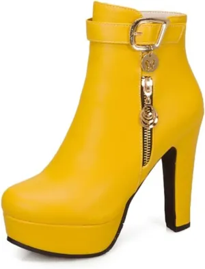 Viuluti Fashion Women's High Heels Ankle Boots Sexy Buckle Soft Leather Zipper Rubber Platform Ankle Booties