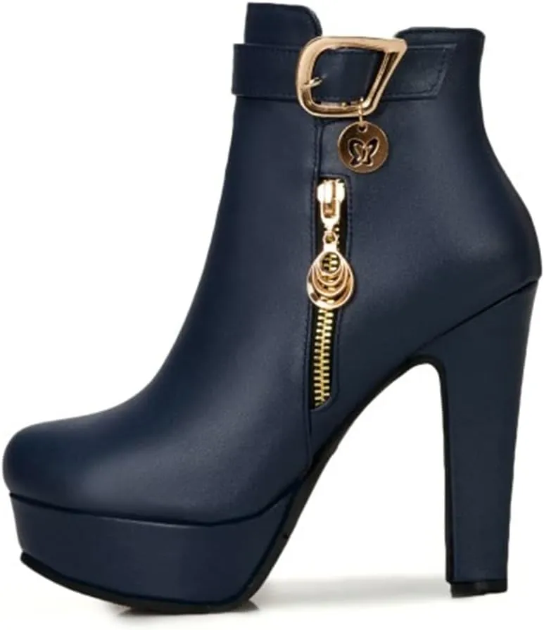 Viuluti Fashion Women's High Heels Ankle Boots Sexy Buckle Soft Leather Zipper Rubber Platform Ankle Booties