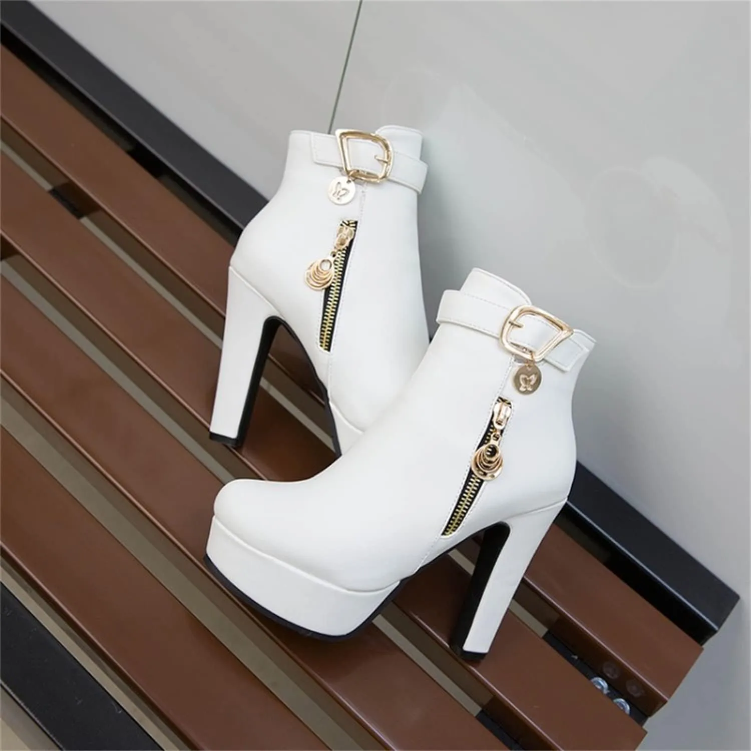 Viuluti Fashion Women's High Heels Ankle Boots Sexy Buckle Soft Leather Zipper Rubber Platform Ankle Booties