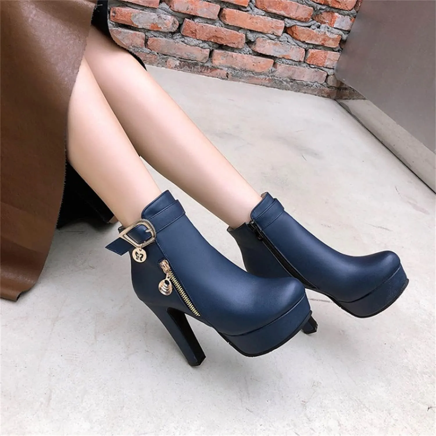 Viuluti Fashion Women's High Heels Ankle Boots Sexy Buckle Soft Leather Zipper Rubber Platform Ankle Booties