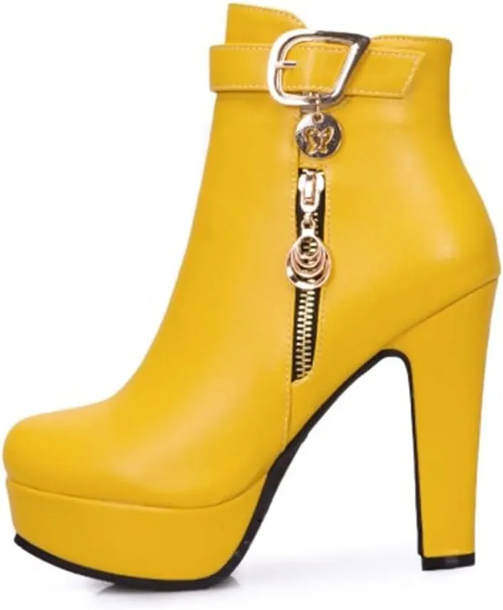 Viuluti Fashion Women's High Heels Ankle Boots Sexy Buckle Soft Leather Zipper Rubber Platform Ankle Booties