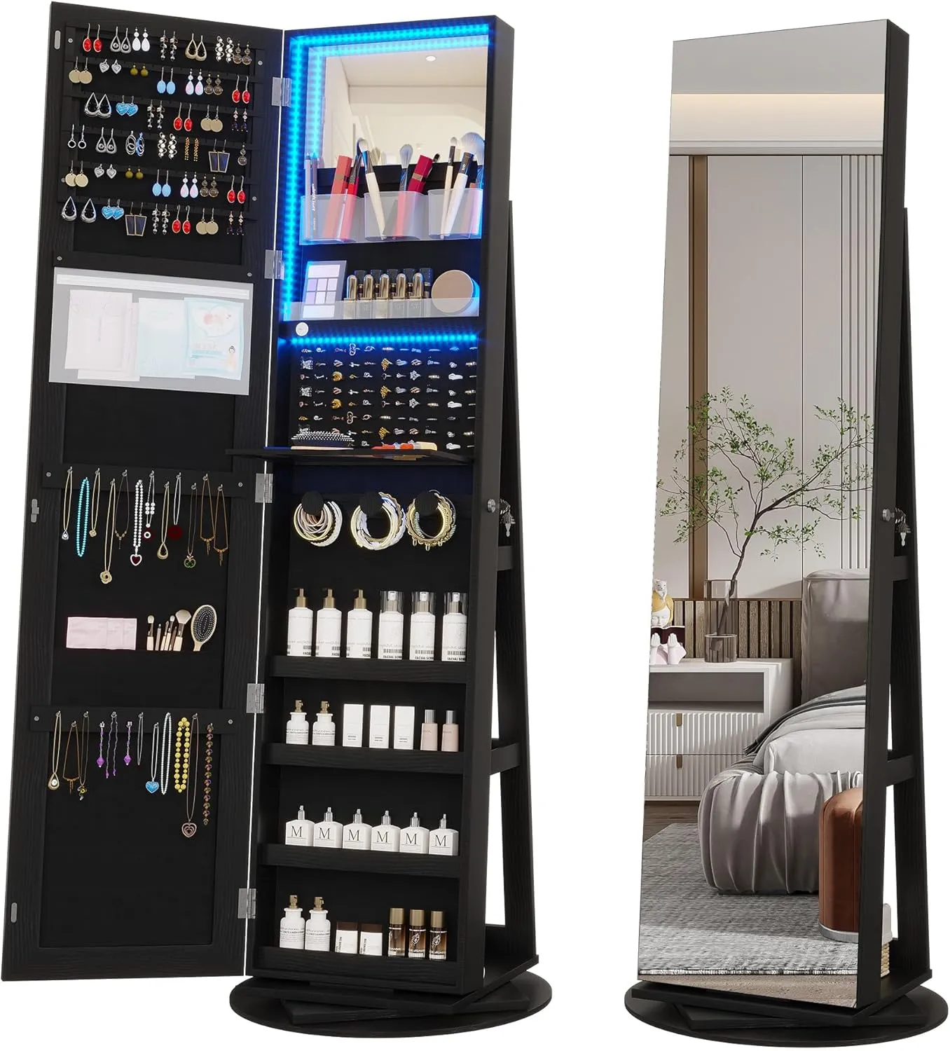 Vlsrka 360° Swivel Jewelry Cabinet with Lights, Jewelry Armoire with Full Length Mirror, Large Jewelry Armoire Organizer, Lockable Free Standing Mirror with Storage, Rear Storage Shelves, Black