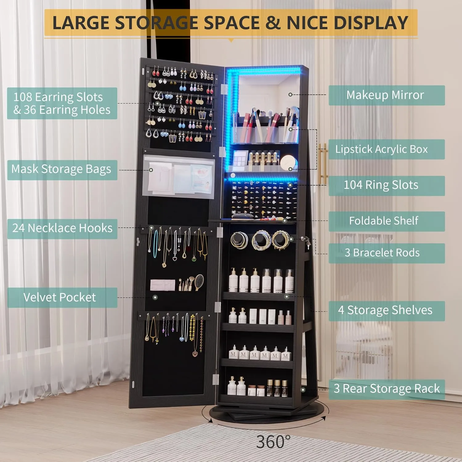 Vlsrka 360° Swivel Jewelry Cabinet with Lights, Jewelry Armoire with Full Length Mirror, Large Jewelry Armoire Organizer, Lockable Free Standing Mirror with Storage, Rear Storage Shelves, Black