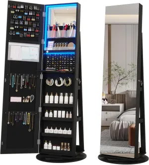 Vlsrka 360° Swivel Jewelry Cabinet with Lights, Jewelry Armoire with Full Length Mirror, Large Jewelry Armoire Organizer, Lockable Free Standing Mirror with Storage, Rear Storage Shelves, Black