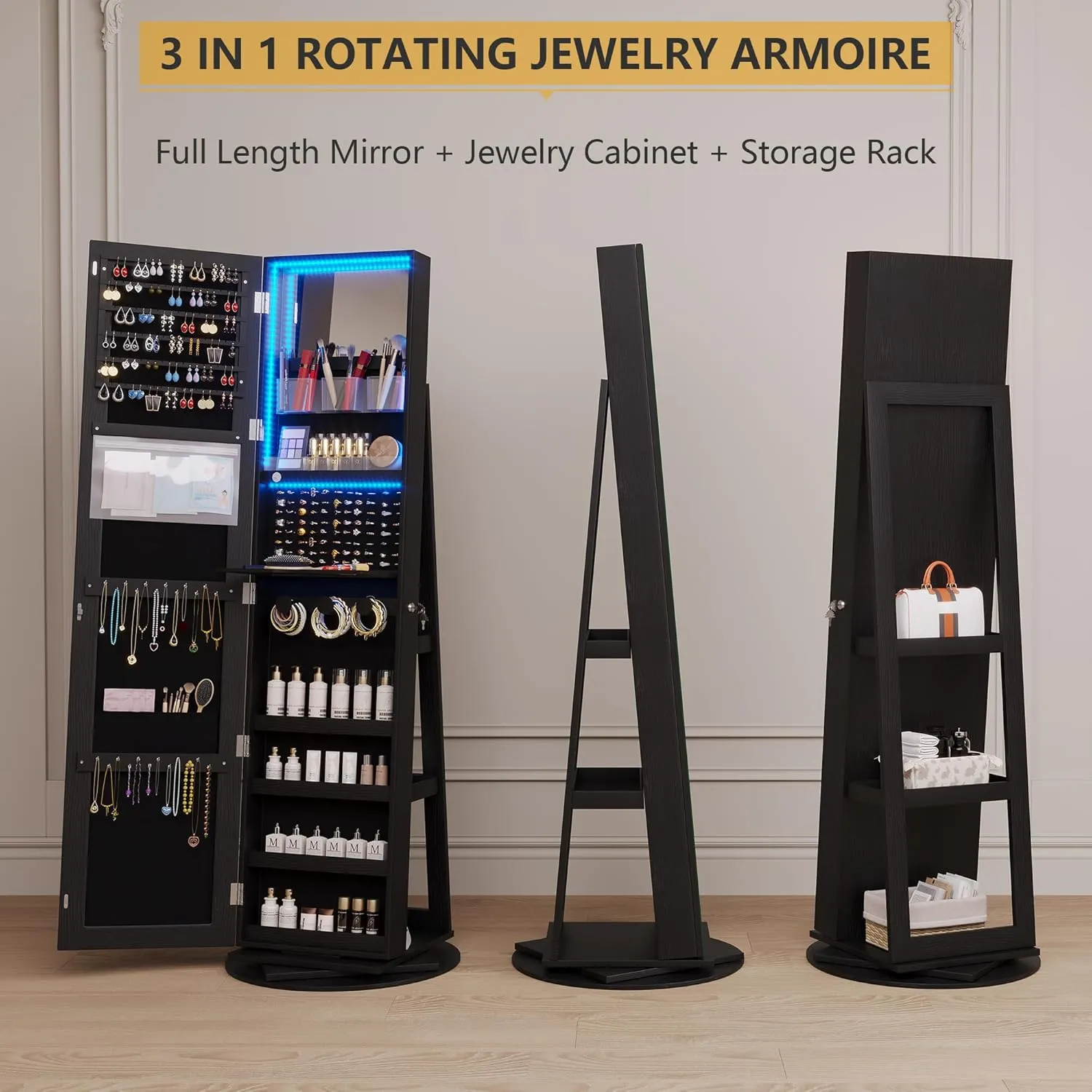 Vlsrka 360° Swivel Jewelry Cabinet with Lights, Jewelry Armoire with Full Length Mirror, Large Jewelry Armoire Organizer, Lockable Free Standing Mirror with Storage, Rear Storage Shelves, Black