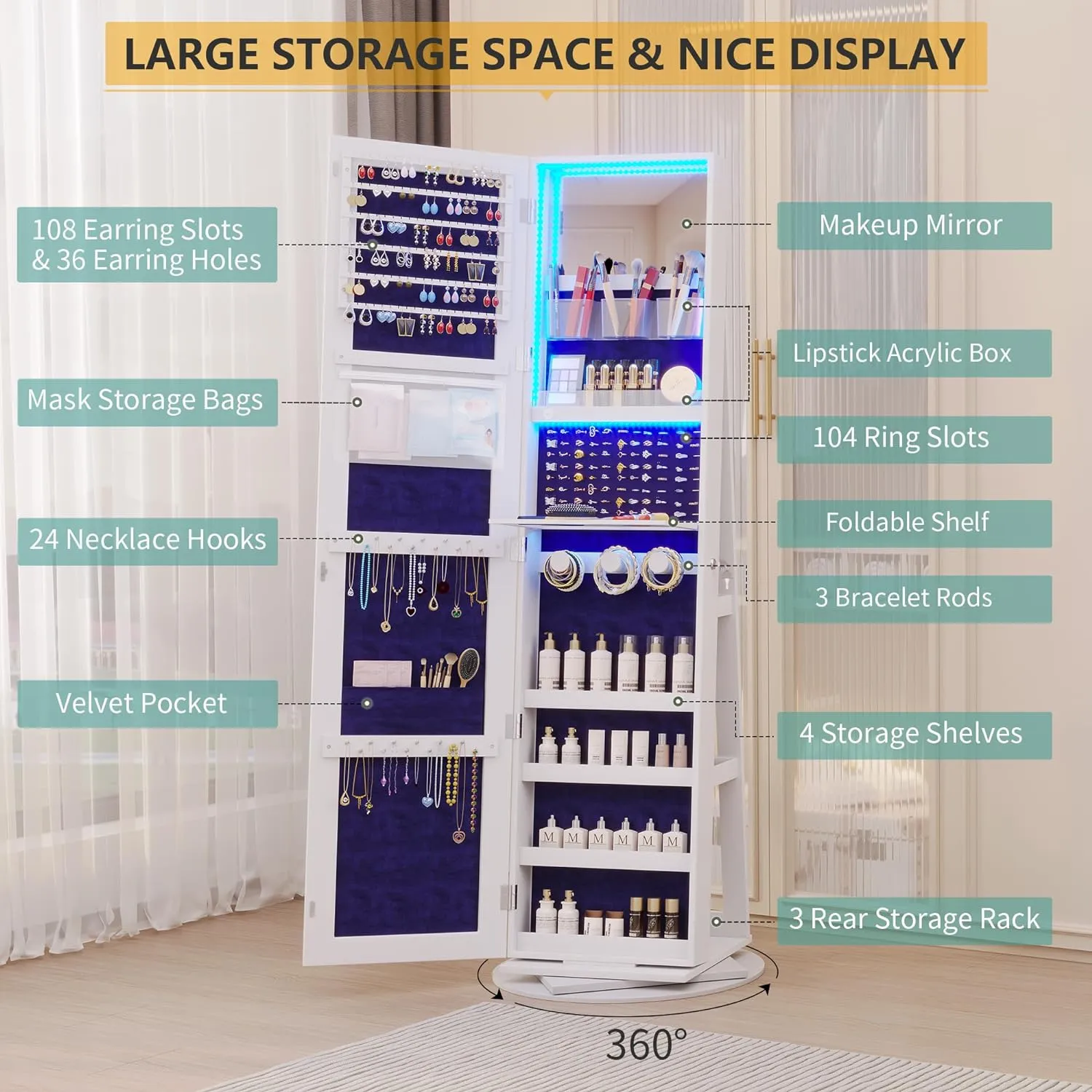 Vlsrka LED Jewelry Armoire with Full Length Mirror 360° Rotating, Jewelry Cabinet Large Standing Lockable Mirror Jewelry Organizer with Inner Makeup Mirror & Soft Velvet for Living Room Bedroom