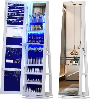 Vlsrka LED Jewelry Armoire with Full Length Mirror 360° Rotating, Jewelry Cabinet Large Standing Lockable Mirror Jewelry Organizer with Inner Makeup Mirror & Soft Velvet for Living Room Bedroom