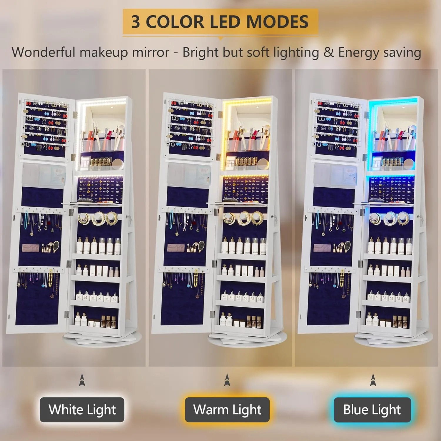 Vlsrka LED Jewelry Armoire with Full Length Mirror 360° Rotating, Jewelry Cabinet Large Standing Lockable Mirror Jewelry Organizer with Inner Makeup Mirror & Soft Velvet for Living Room Bedroom