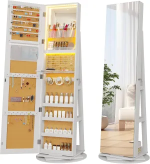 Vlsrka LED Jewelry Armoire with Full Length Mirror 360° Rotating, Large Standing Lockable Cabinet Organizer with Inner Makeup Mirror & Soft Velvet for Living Room Bedroom