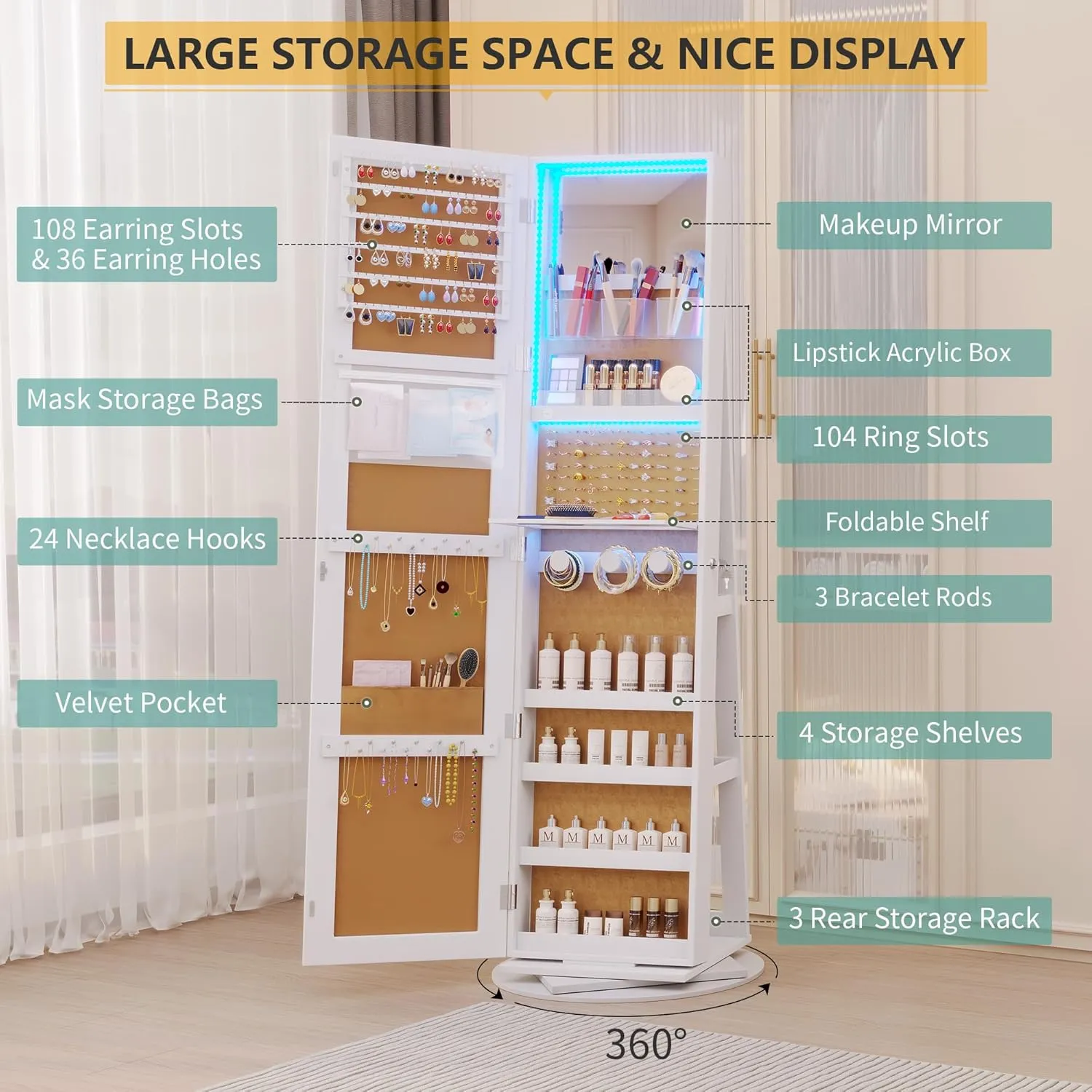 Vlsrka LED Jewelry Armoire with Full Length Mirror 360° Rotating, Large Standing Lockable Cabinet Organizer with Inner Makeup Mirror & Soft Velvet for Living Room Bedroom