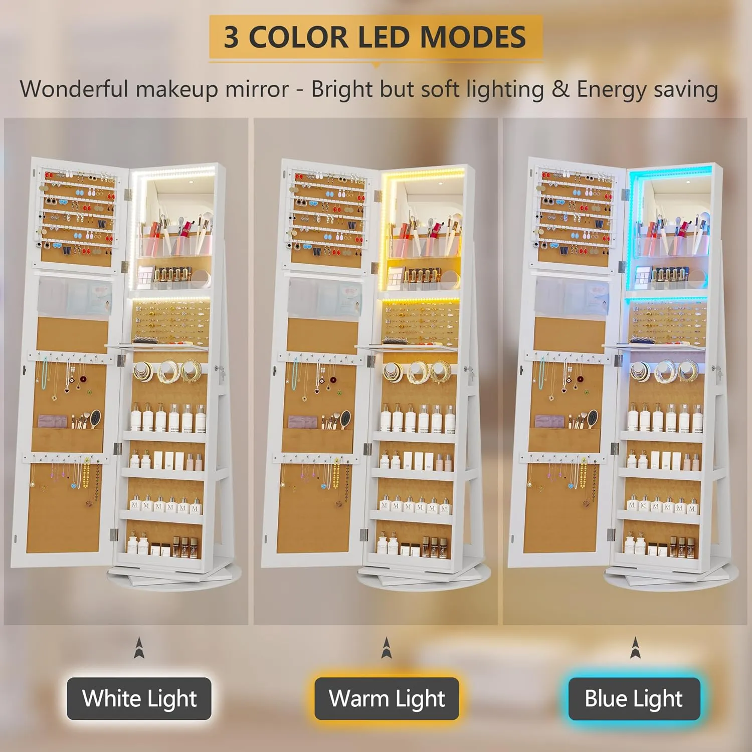 Vlsrka LED Jewelry Armoire with Full Length Mirror 360° Rotating, Large Standing Lockable Cabinet Organizer with Inner Makeup Mirror & Soft Velvet for Living Room Bedroom