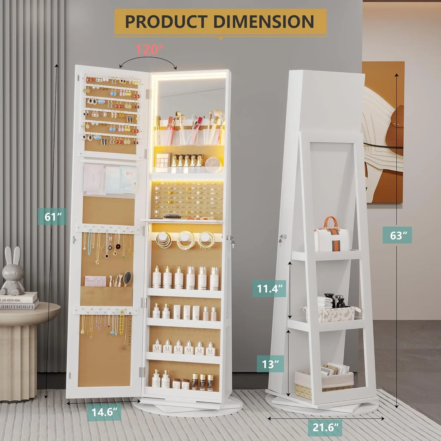 Vlsrka LED Jewelry Armoire with Full Length Mirror 360° Rotating, Large Standing Lockable Cabinet Organizer with Inner Makeup Mirror & Soft Velvet for Living Room Bedroom