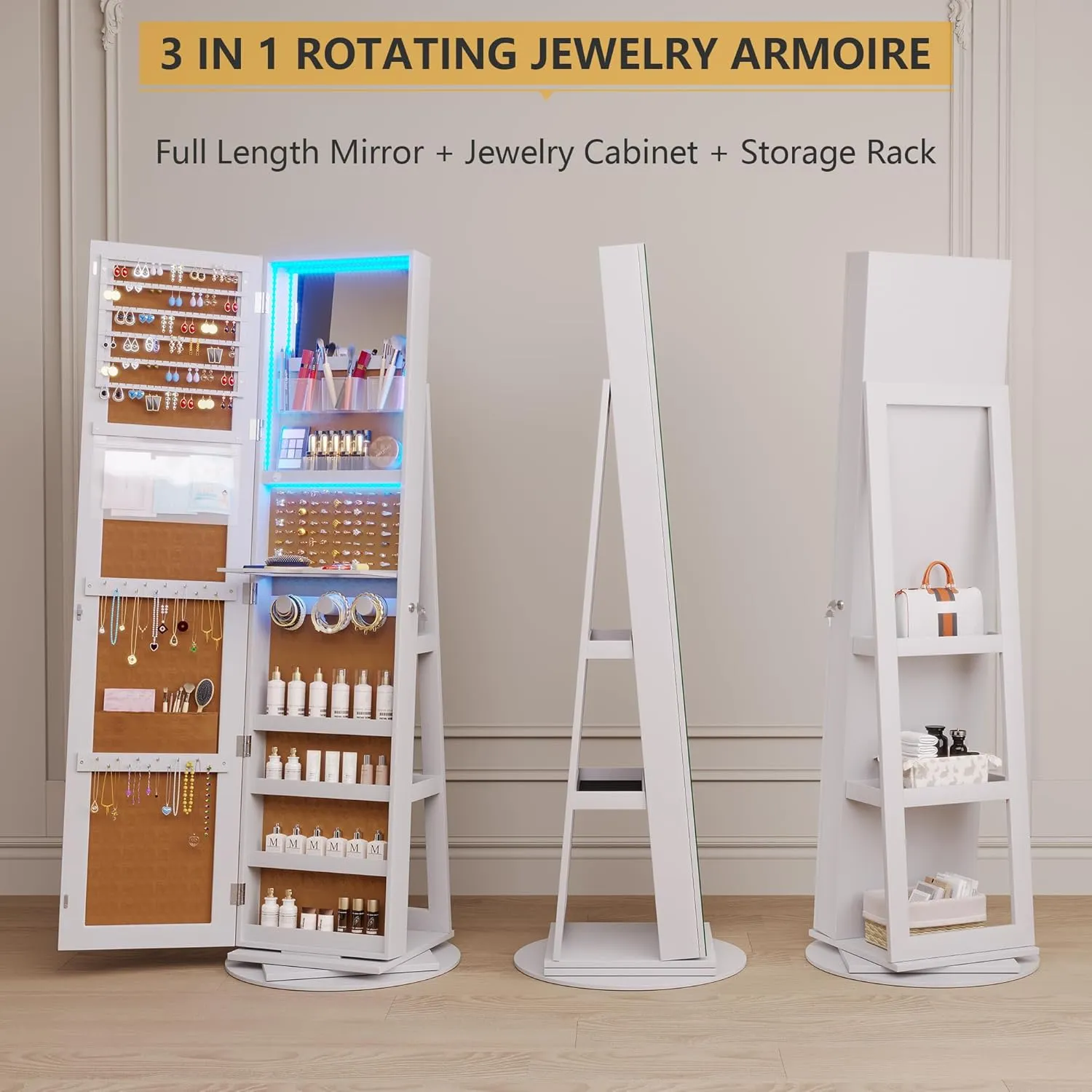 Vlsrka LED Jewelry Armoire with Full Length Mirror 360° Rotating, Large Standing Lockable Cabinet Organizer with Inner Makeup Mirror & Soft Velvet for Living Room Bedroom