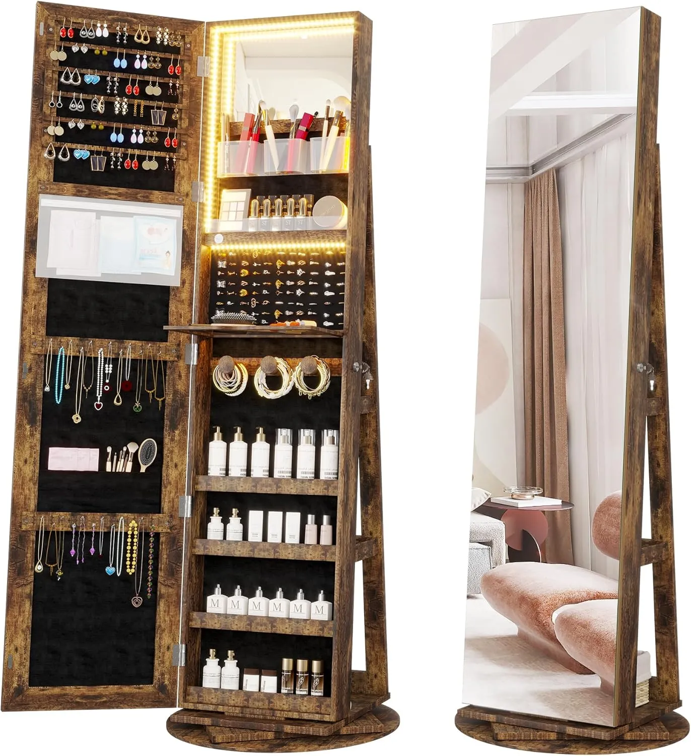 Vlsrka LED Light Jewelry Cabinet with Full Length Mirror 360° Swivel, Large Jewelry Organizer Armoire Lockable Free Standing Mirror with Jewelry Storage, Inside Makeup Mirror, Foldable Makeup Shelf