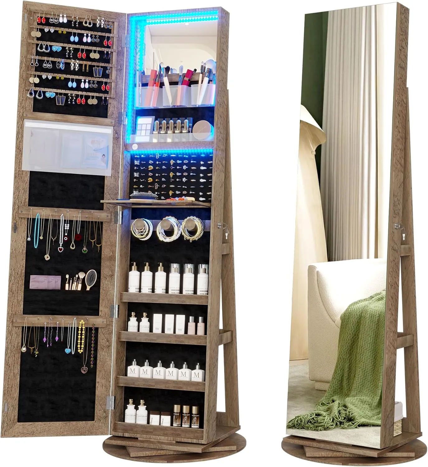 Vlsrka LED Light Jewelry Cabinet with Full Length Mirror 360° Swivel, Large Jewelry Organizer Armoire Lockable Free Standing Mirror with Jewelry Storage, Inside Makeup Mirror, Foldable Makeup Shelf