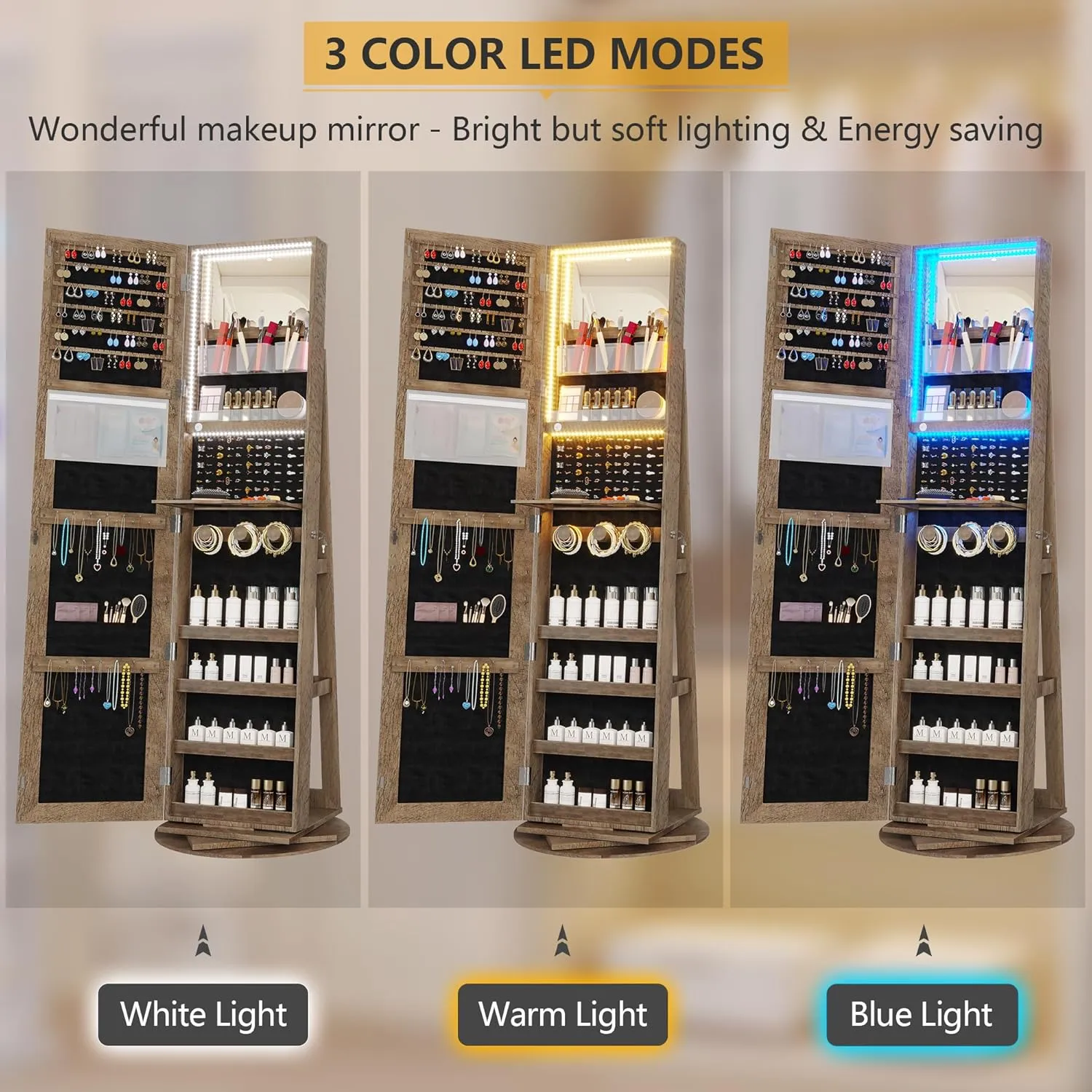 Vlsrka LED Light Jewelry Cabinet with Full Length Mirror 360° Swivel, Large Jewelry Organizer Armoire Lockable Free Standing Mirror with Jewelry Storage, Inside Makeup Mirror, Foldable Makeup Shelf