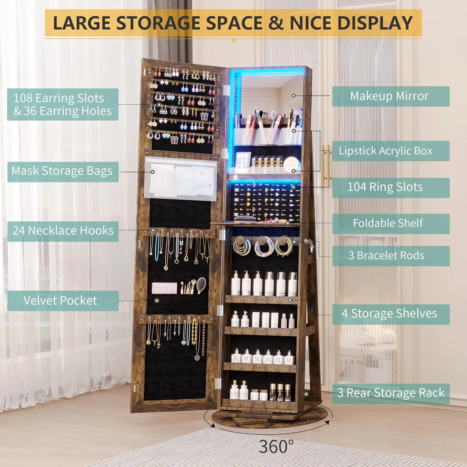 Vlsrka LED Light Jewelry Cabinet with Full Length Mirror 360° Swivel, Large Jewelry Organizer Armoire Lockable Free Standing Mirror with Jewelry Storage, Inside Makeup Mirror, Foldable Makeup Shelf