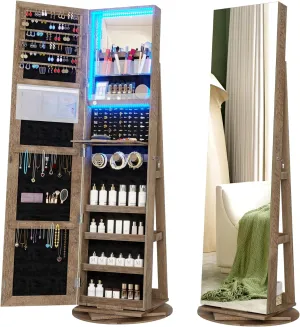 Vlsrka LED Light Jewelry Cabinet with Full Length Mirror 360° Swivel, Large Jewelry Organizer Armoire Lockable Free Standing Mirror with Jewelry Storage, Inside Makeup Mirror, Foldable Makeup Shelf
