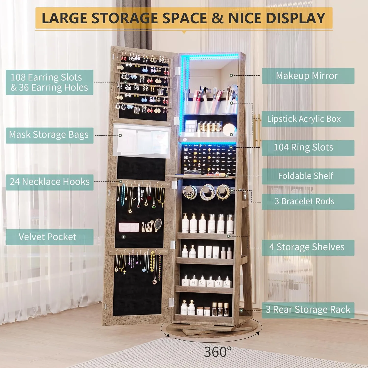 Vlsrka LED Light Jewelry Cabinet with Full Length Mirror 360° Swivel, Large Jewelry Organizer Armoire Lockable Free Standing Mirror with Jewelry Storage, Inside Makeup Mirror, Foldable Makeup Shelf