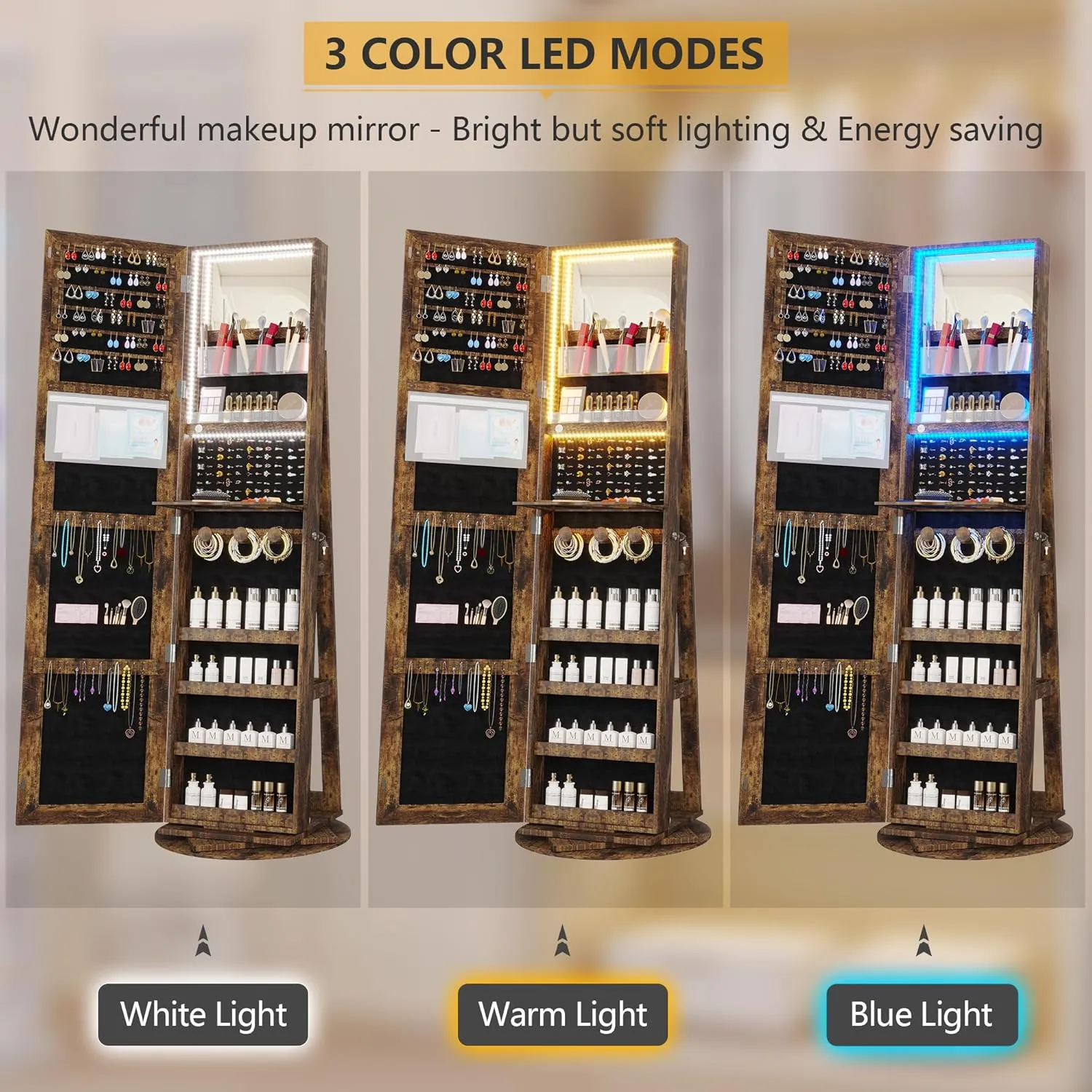 Vlsrka LED Light Jewelry Cabinet with Full Length Mirror 360° Swivel, Large Jewelry Organizer Armoire Lockable Free Standing Mirror with Jewelry Storage, Inside Makeup Mirror, Foldable Makeup Shelf